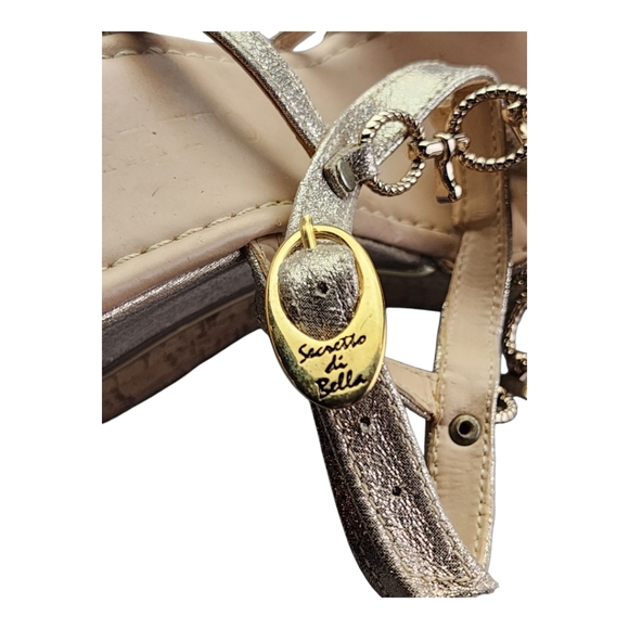 Secreto di Bella Gold Wedge Sandals Size EU 38 Rhinestone Charm Cork Heel Dressy - Picture 4 of 16